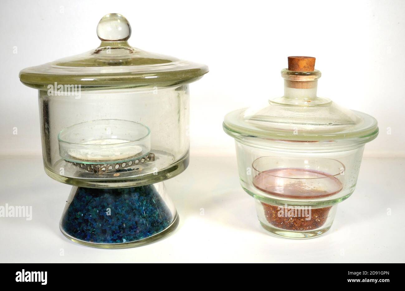 Two desiccators with preparates to be dried. The substance at the bottom is the desiccant, it
