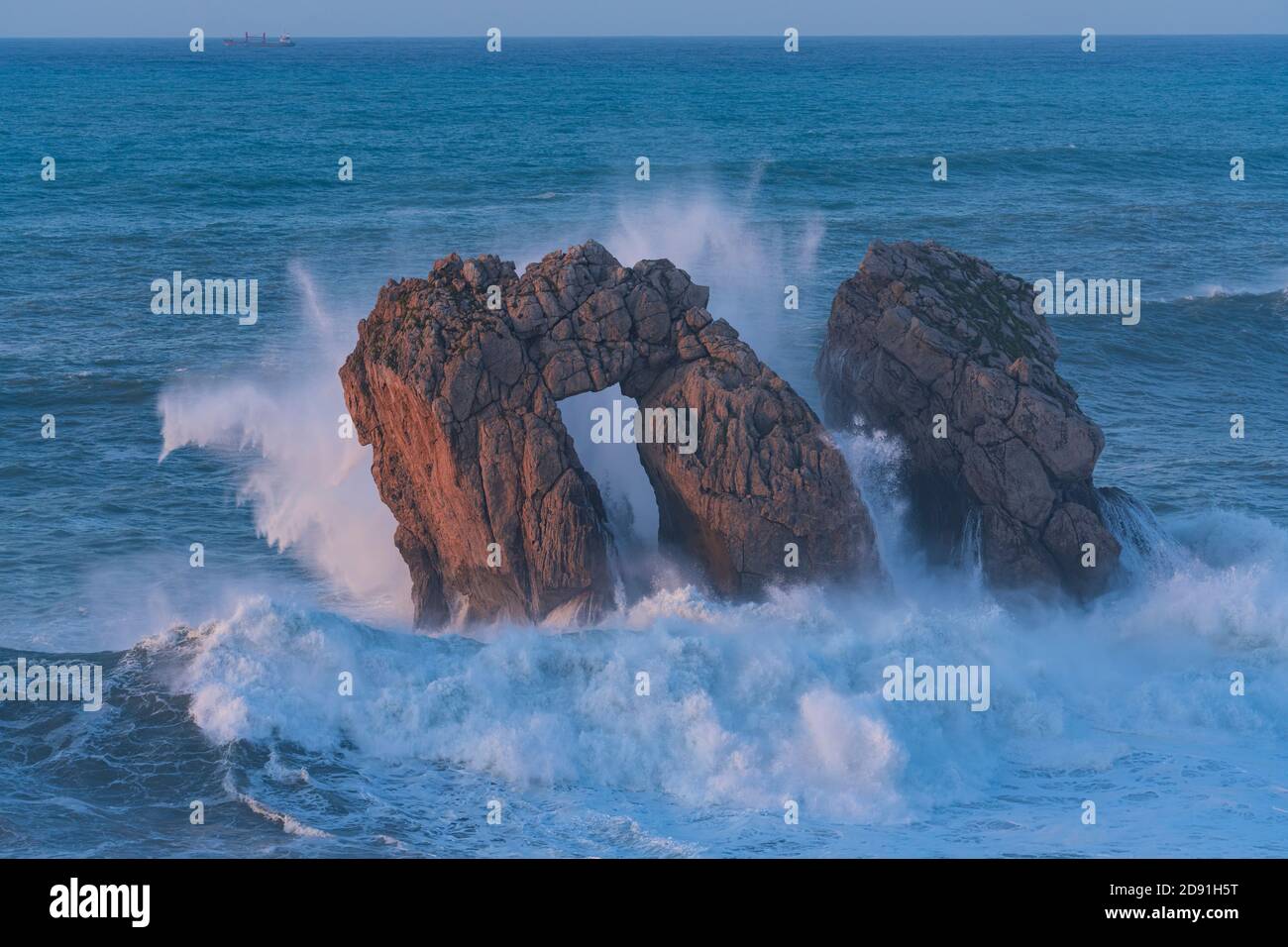 Swell in the Cantabrian Sea. Big waves in the so-called "Puerta del Cantabrico" on the cliffs of Liencres. Municipality of Piélagos in the Autonomous Stock Photo