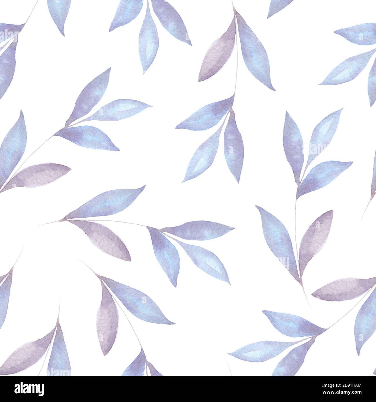 Blue leaves and branches seamless pattern on white. Watercolor Stock ...