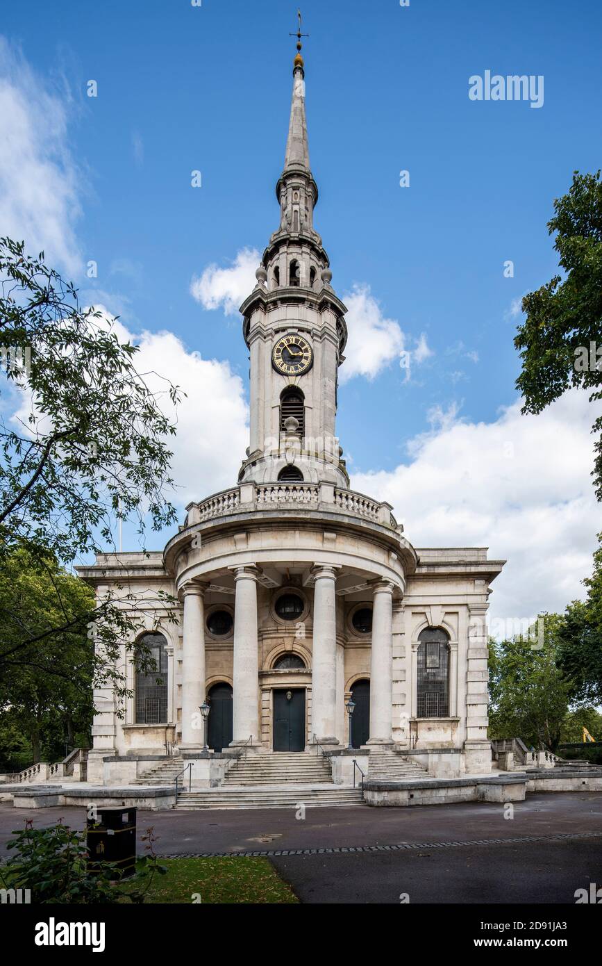 Main west end elevation showing steeple and portico. St. Paul's, Deptford, Deptford, United Kingdom. Architect: Thomas Archer, 1730. Stock Photo