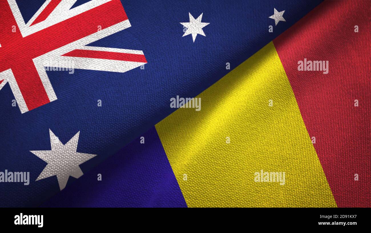 Australia and Romania two flags textile cloth, fabric texture Stock Photo