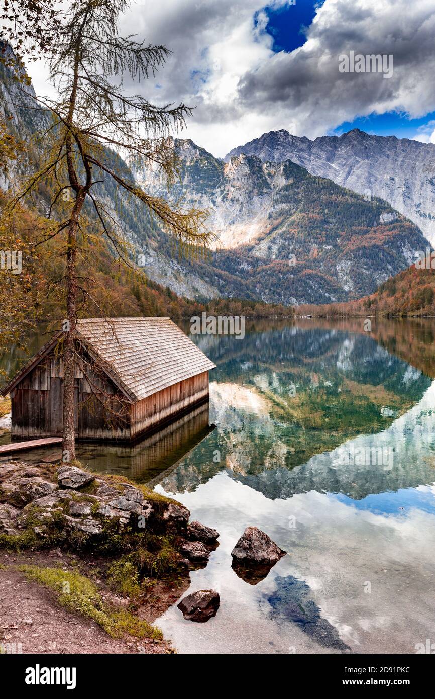 Boat house at the Obersee in Berchtesgadener Land, Bavaria, Germany. Stock Photo