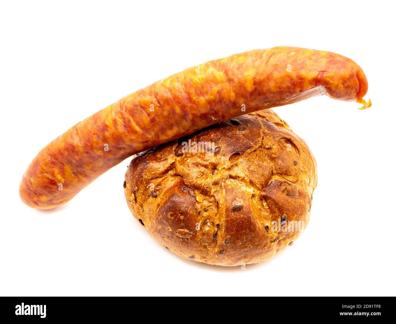 Bratwurst with wholemeal bread isolated on white background Stock Photo