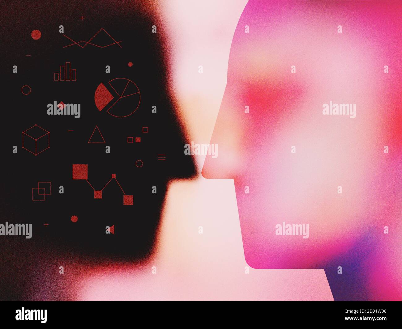Modern textured digital illustration of abstract human heads and personal data infographics. Concept of collecting internet activities information. Stock Photo