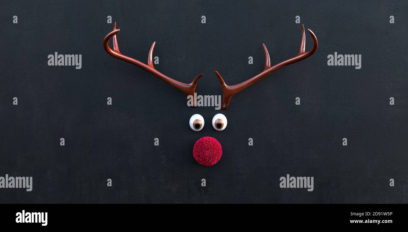 Reindeer antlers with red fluffy nose and big eyes, Christmas card template, black wall background, 3d rendering Stock Photo