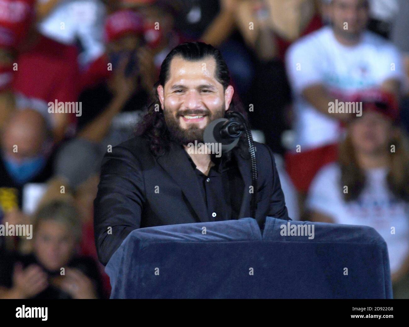 Opa Locka, United States. 01st Nov, 2020. November 1, 2020 - Opa-Locka, Florida, United States - UFC fighter Jorge Masvidal speaks to the crowd before the arrival of U.S. President Donald Trump at a campaign rally at Miami-Opa Locka Executive Airport on November 1, 2020 in Opa-Locka, Florida. President Trump held events in five states today, as he continues his campaign against Democratic presidential nominee Joe Biden two days before the November 3 election. Credit: Paul Hennessy/Alamy Live News Stock Photo