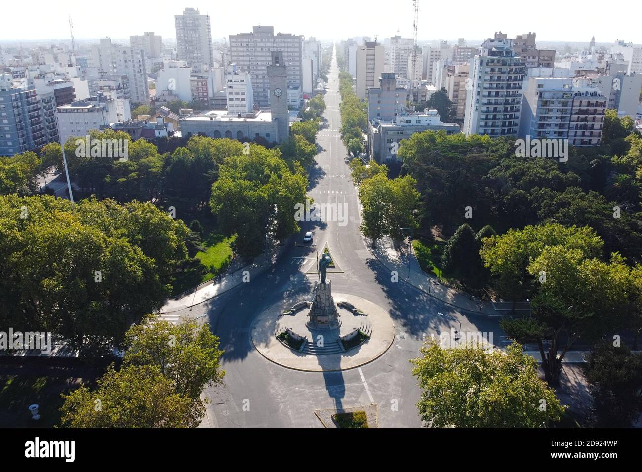 Aerial view from drone of Pedro Luro avenue road and San Martin monument in centre of Mar del Plata. Empty road without traffic during quarantine Stock Photo