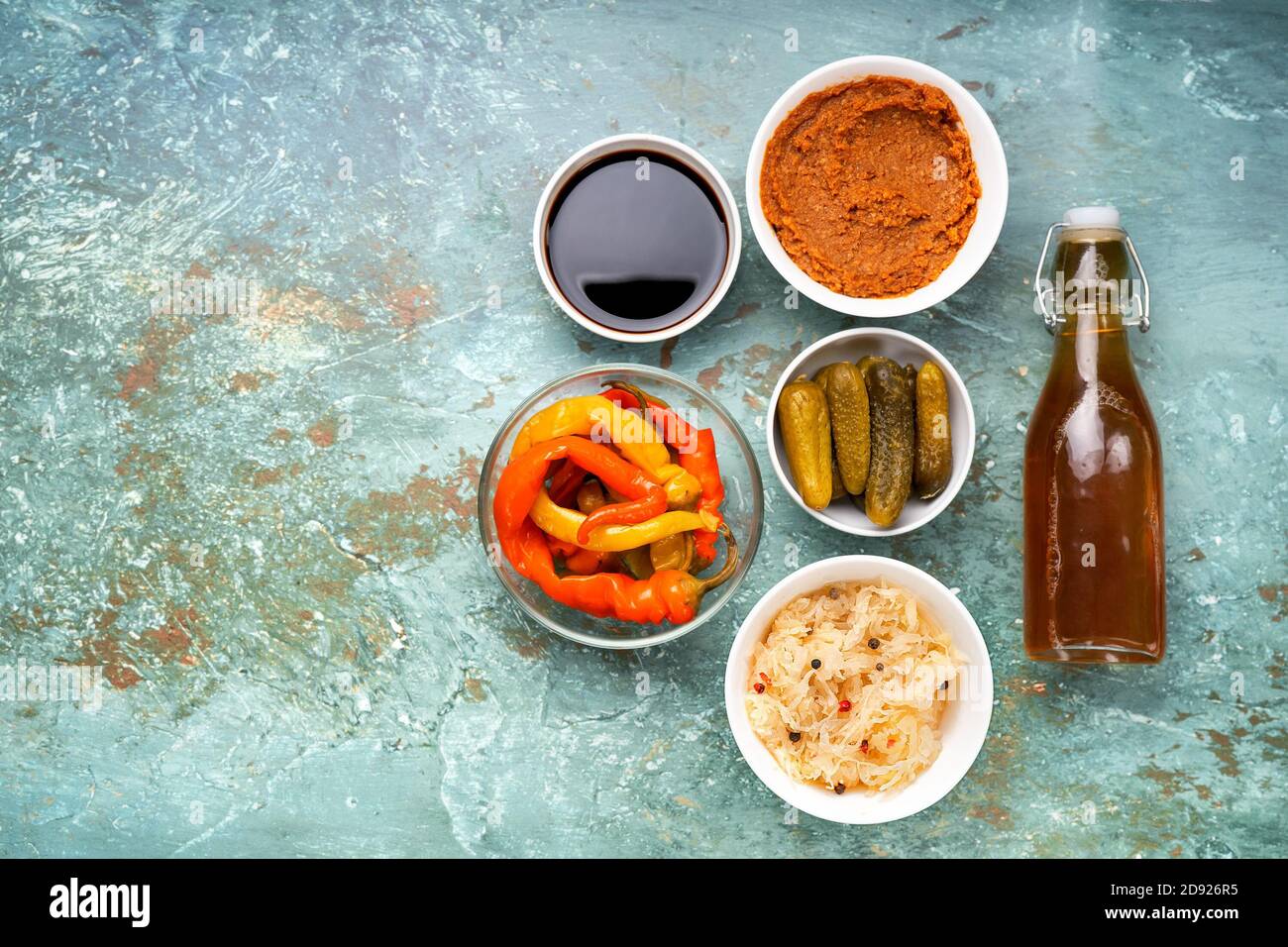 Variety of healthy fermented foods for immunity and healthy intestine Stock Photo