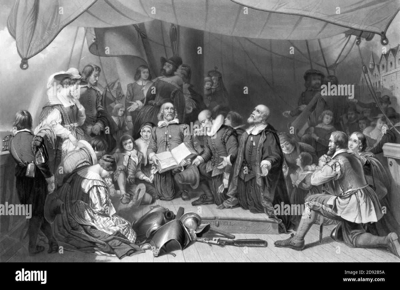 Embarkation of the Pilgrims, engraving by Samuel Bellin from a painting by Robert W. Weir, 1844. Myles Standish (c. 1584-1656) is shown in the right foreground with his wife, Rose. Stock Photo