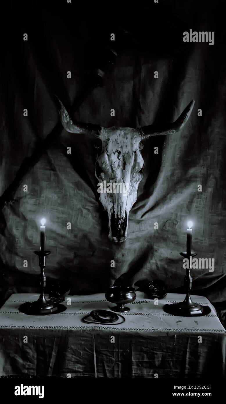 Altar for satanic rituals, witchcraft detail, occultism and sect Stock Photo