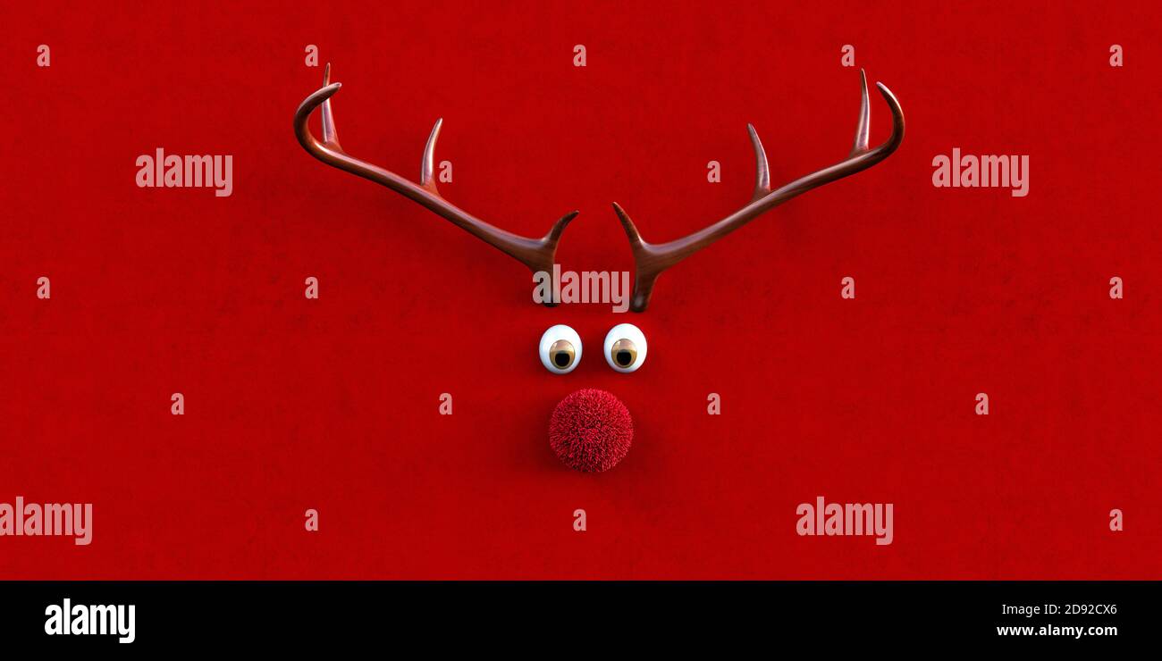 Reindeer antlers with red fluffy nose and big eyes, Christmas card template, red felt background, 3d rendering Stock Photo