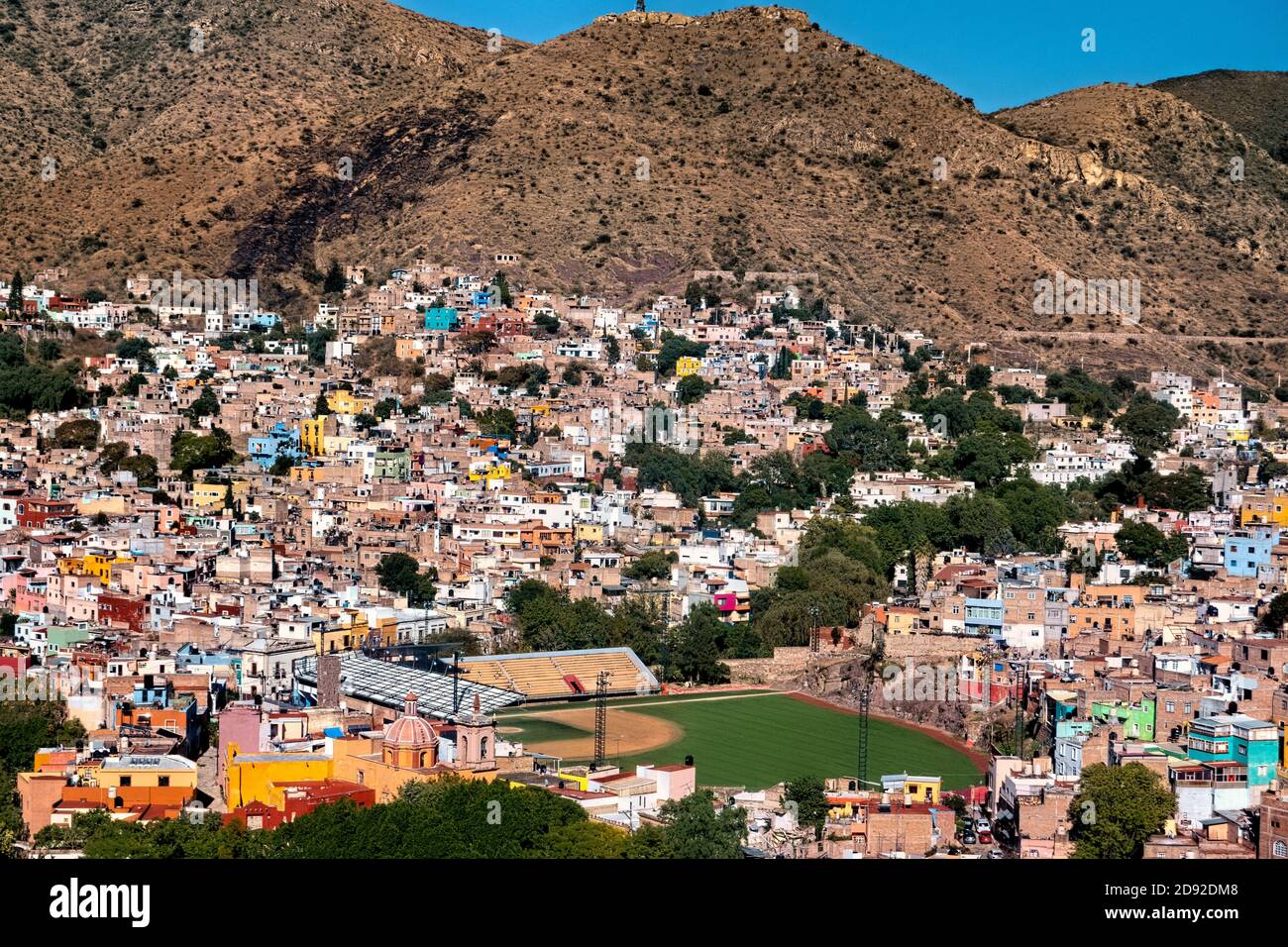 View over Guanajuato City and baseball stadium, Guanajuato State, Mexico Stock Photo