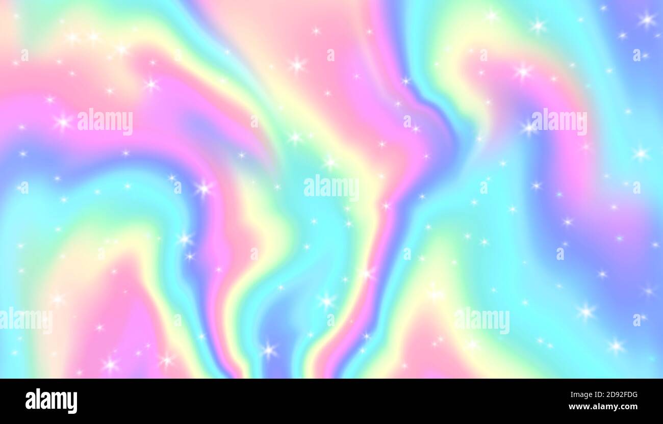 Abstract rainbow background in glitch style with stars. Colorful texture in tie dye style. Holographic fantasy foil texture. Stock Photo