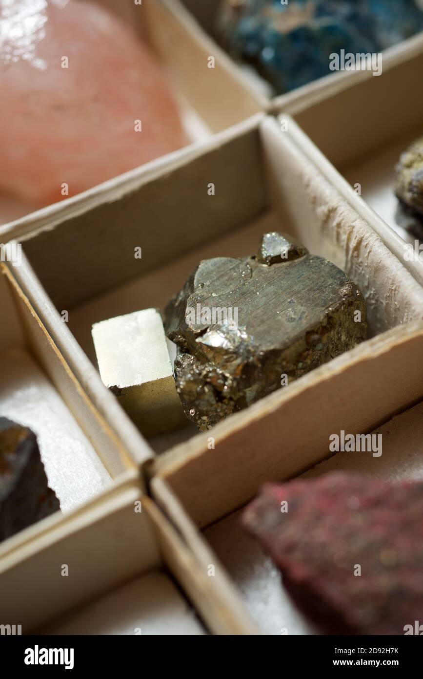 Collection of minerals in cardboard boxes Stock Photo Alamy