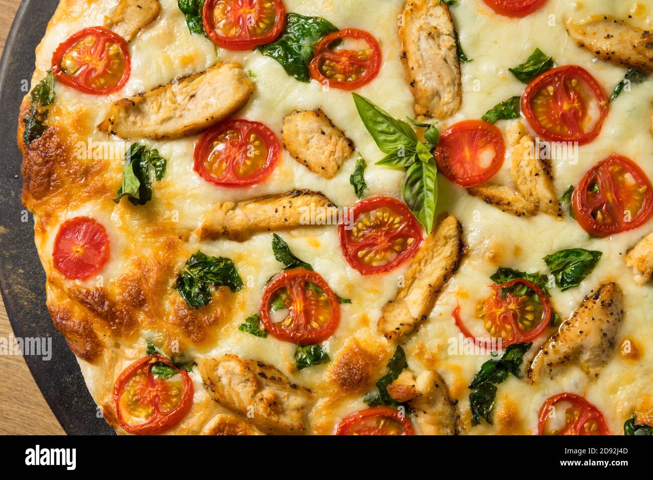Homemade Chicken Alfredo Pizza with Tomato and Basil Stock Photo Alamy