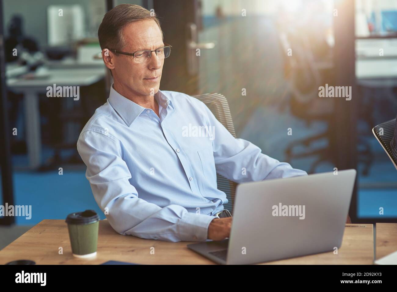 Focused mature businessman in blue shirt using laptop while working in the modern office Stock Photo