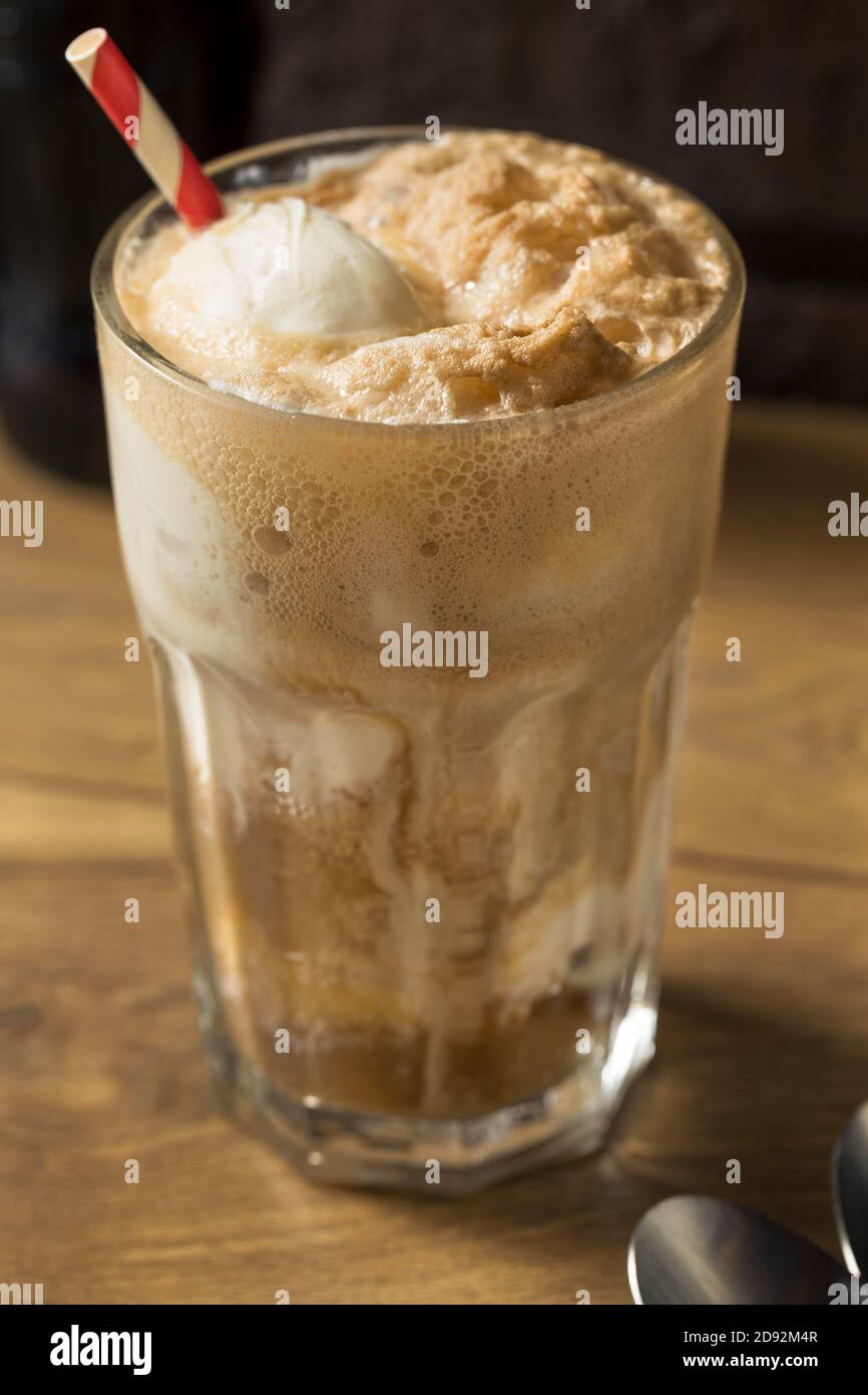 Homemade Brown Cow Ice Cream Float with Cola Stock Photo