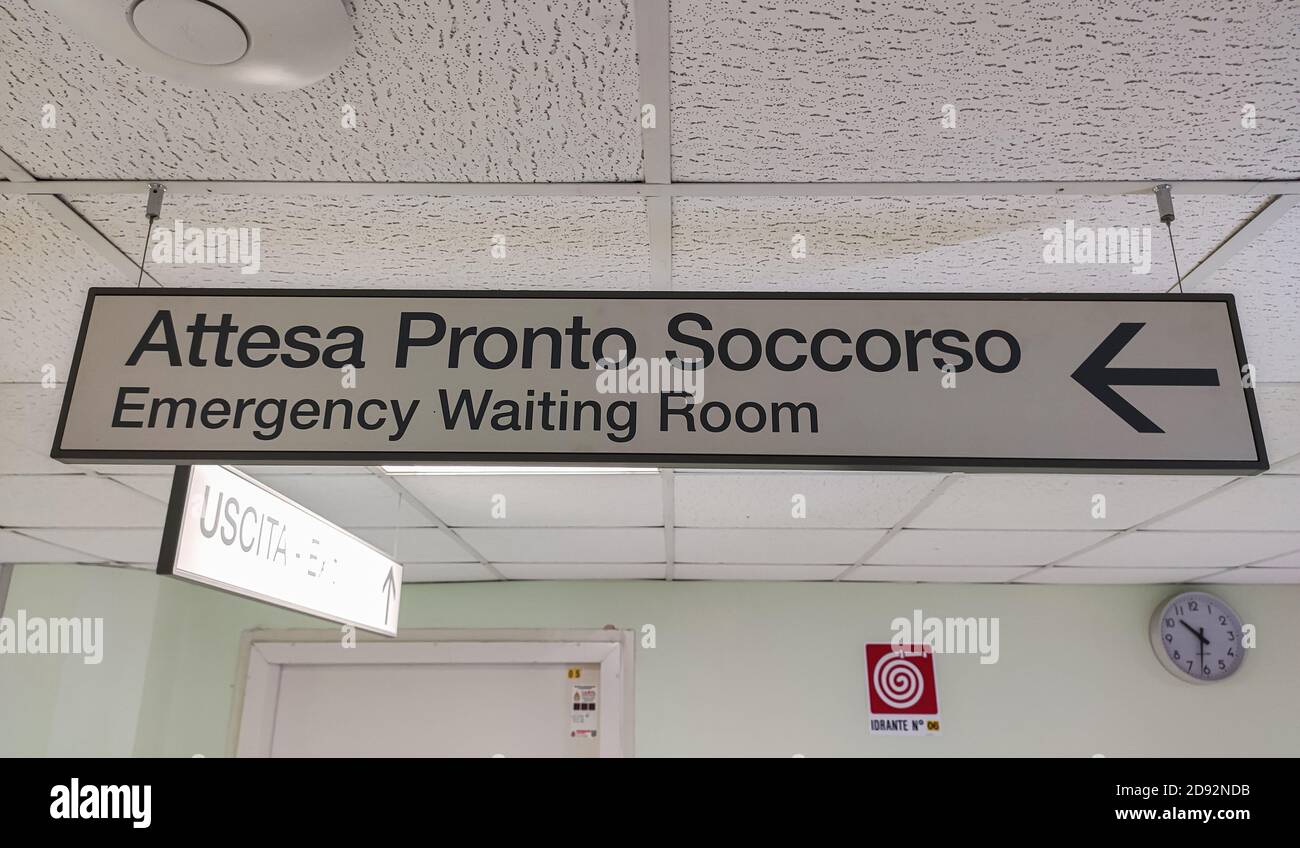Emergency waiting room sign detail in a Hospital Interior Stock Photo