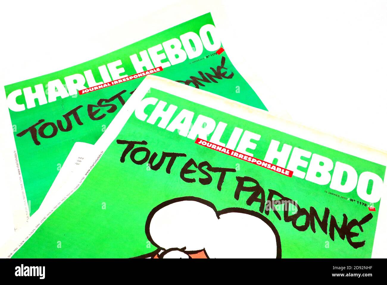 French satirical weekly CHARLIE HEBDO No. 1178, published on January 14, 2015. The first issue after the Charlie Hebdo shooting on January 7, 2015 Stock Photo