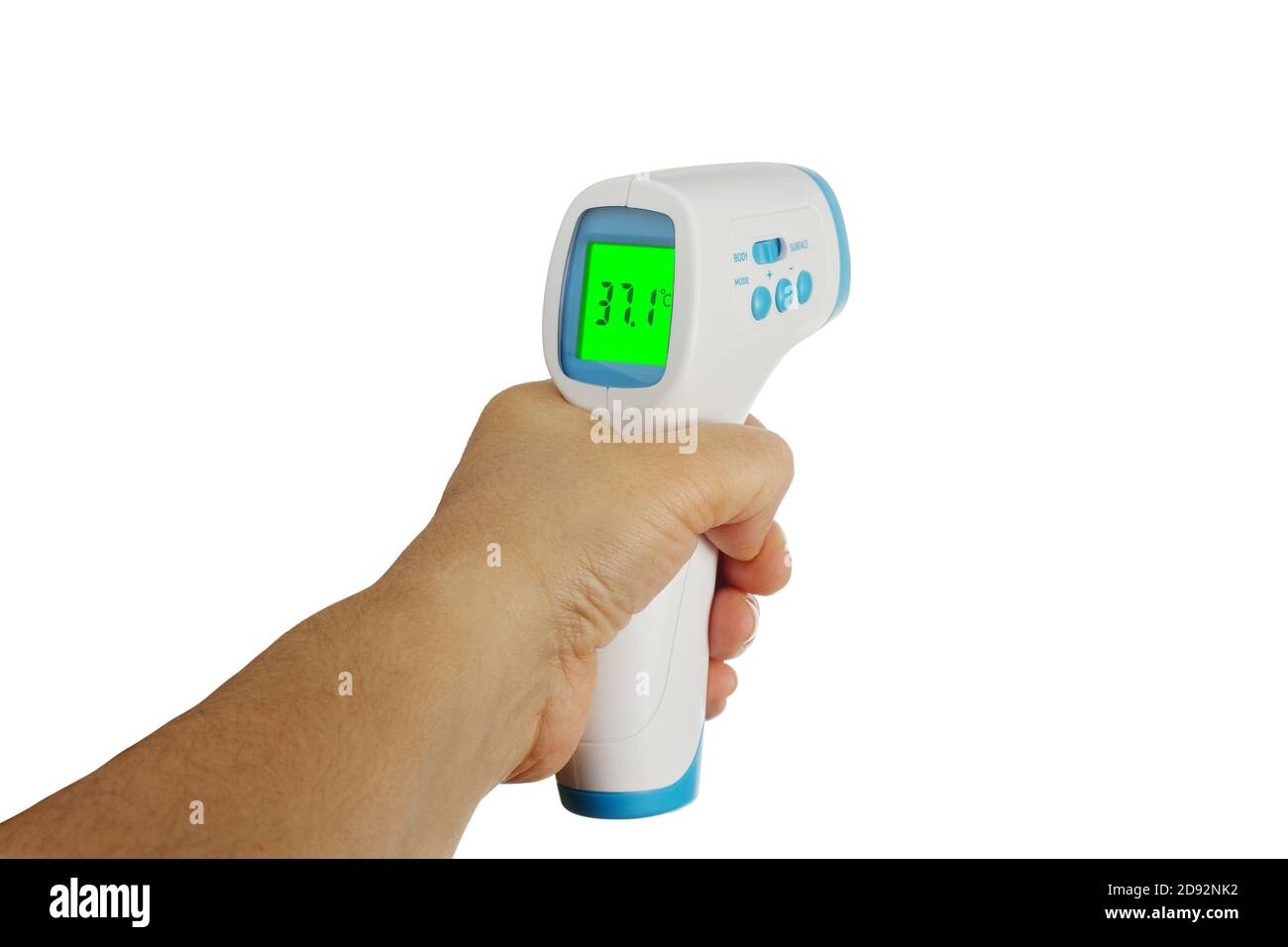Hand holding Thermometer Gun Side View Medical Digital NonContact
