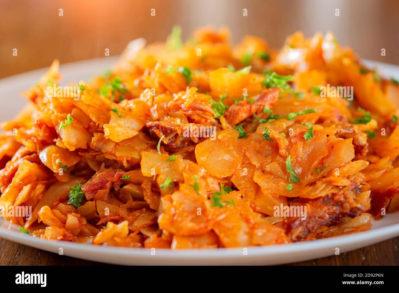 Cabbage stew whith meat from smoked pork ribs Stock Photo