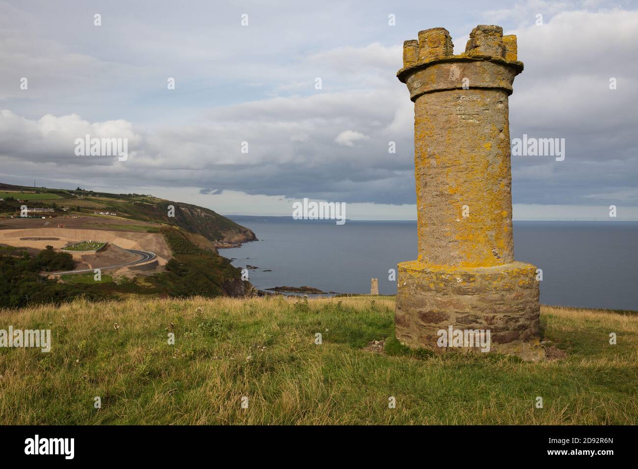 The Duke's Candlesticks at Berriedale in Caithness, Scotland. Work for realignment of the A9 at the hairpin on the Berriedale Braes beyond. Stock Photo