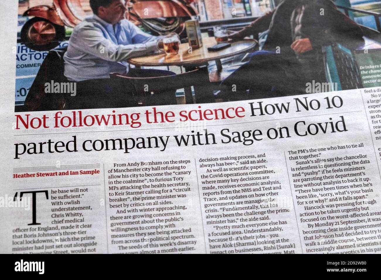 'Not following the science: How No 10 parted company with Sage on Covid' Guardian newspaper headline on Covid article  17 October 2020 in  London UK Stock Photo