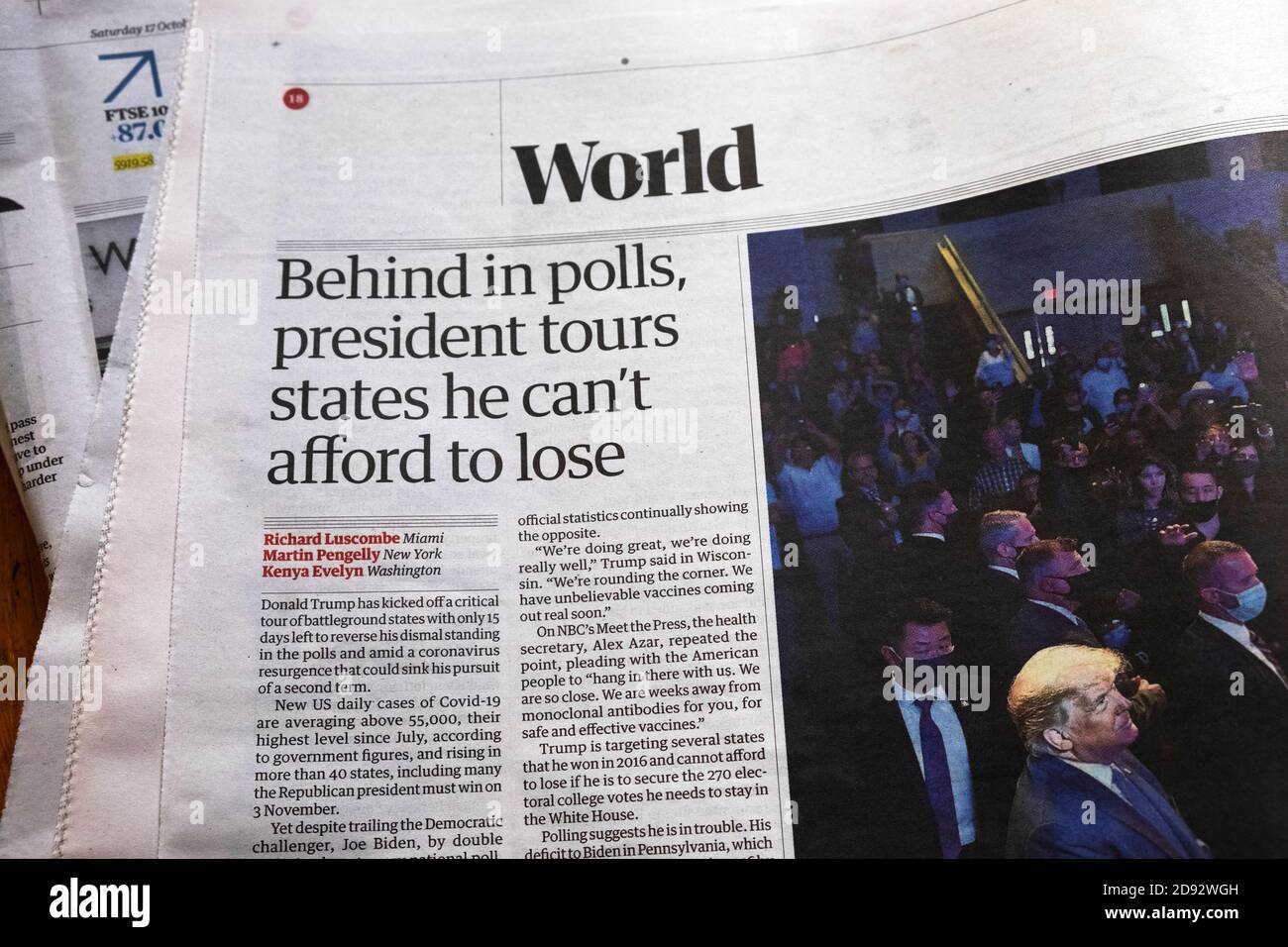 Donald Trump World news in the Guardian newspaper headline 'Behind in polls, president tours states he can't afford to lose' 19 October 2020 London UK Stock Photo