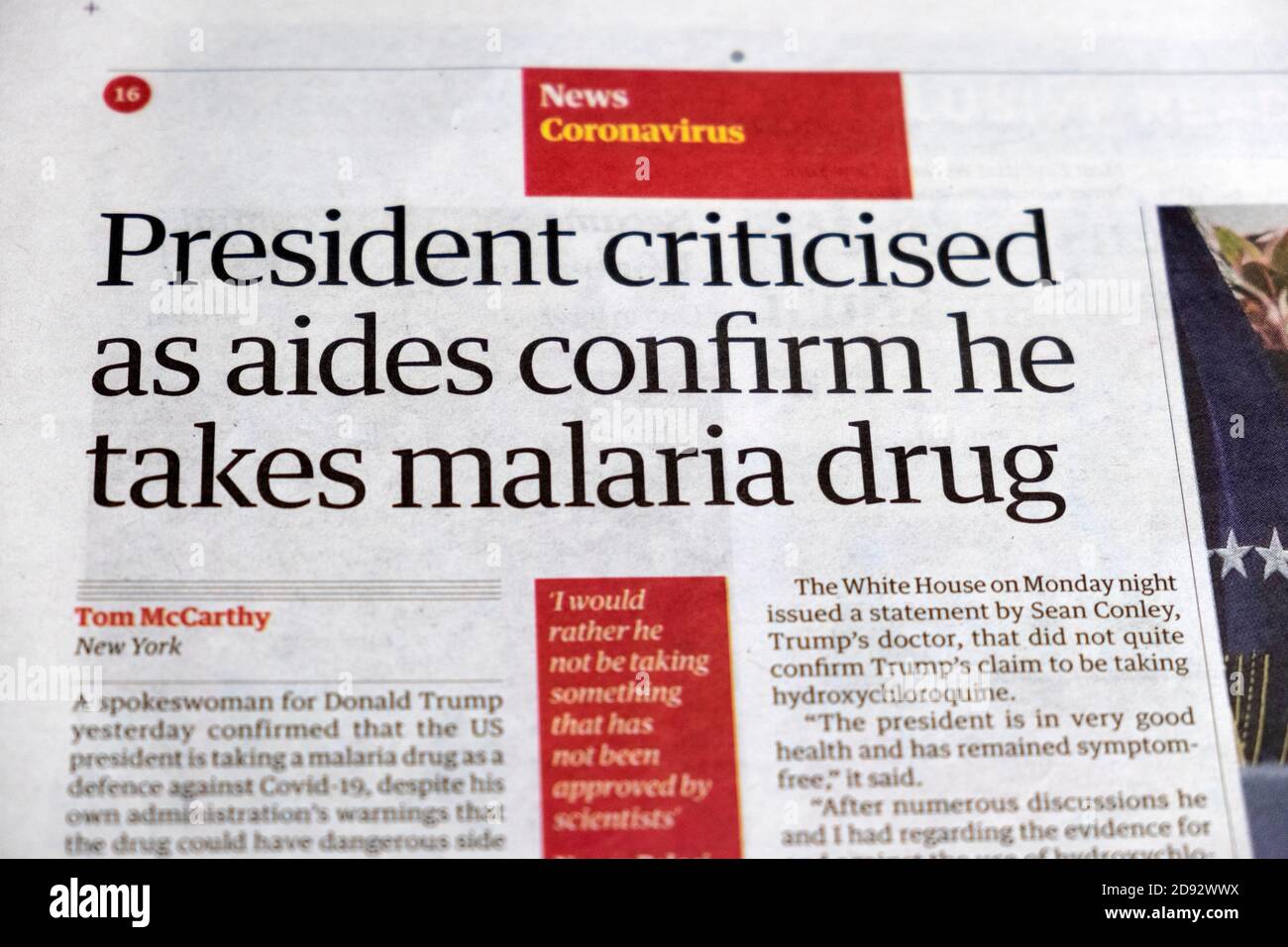 Donald Trump 'President criticised as aides confirm he takes malaria drug' Guardian newspaper headline clipping on 20 May 2020 London England UK Stock Photo