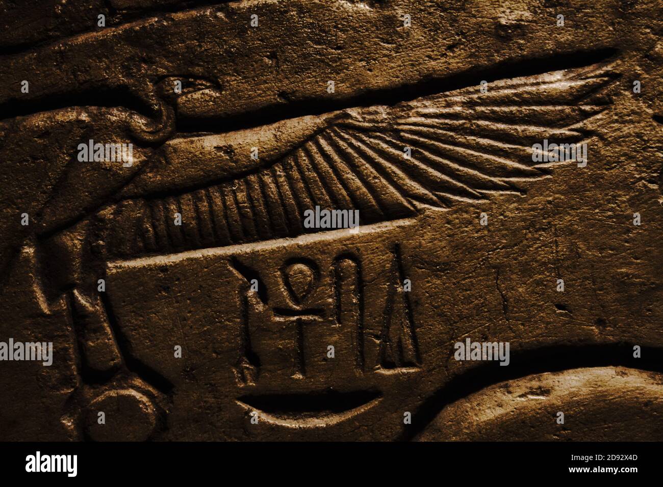 Egyptian hieroglyphics set in stone with symbols and a vulture Stock Photo