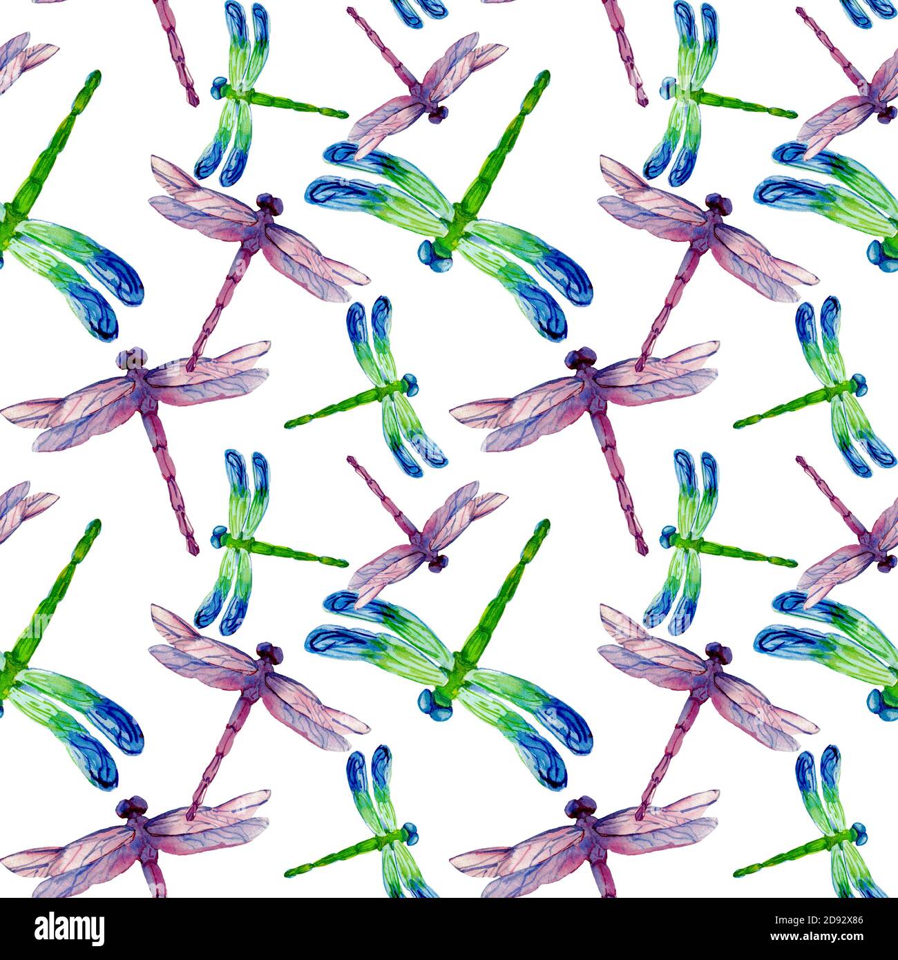 Watercolor illustration different color dragonflies in seamless pattern ...
