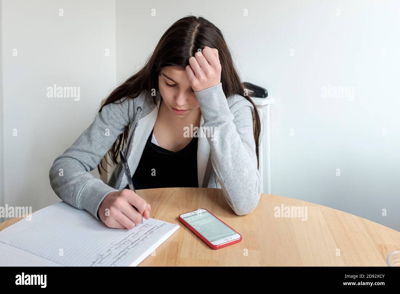 Teenage girl, age 13-14 study at home Stock Photo