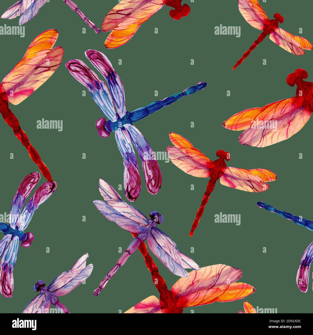 Watercolor illustration different color dragonflies in seamless pattern ...