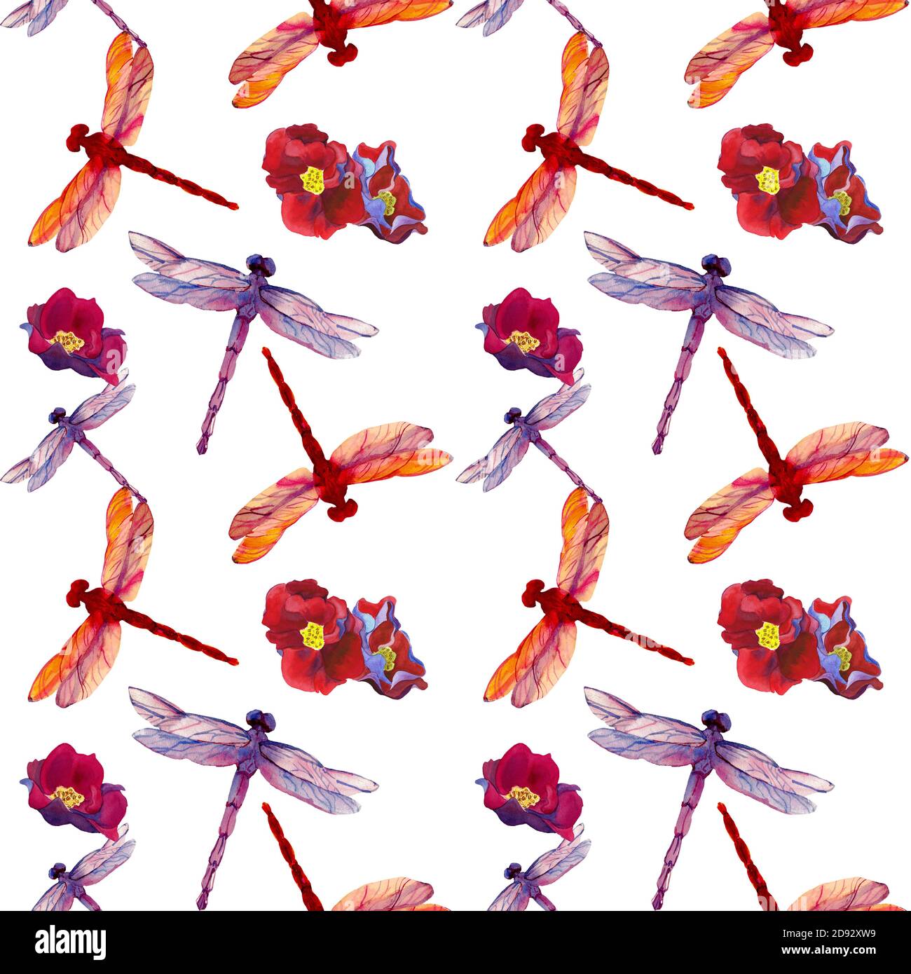 Watercolor illustration different color dragonflies in seamless pattern ...