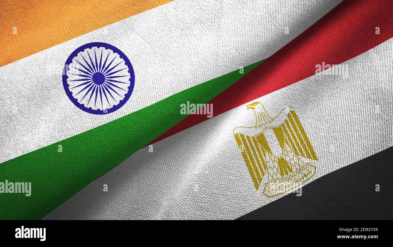 India and Egypt flags together textile cloth, fabric texture. Stock Photo