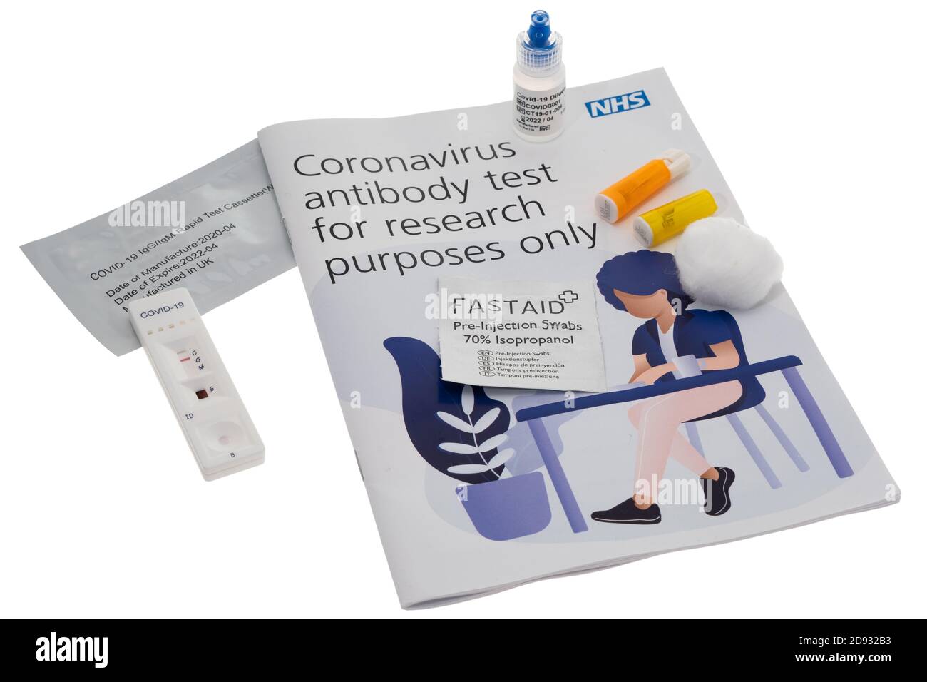 Contents of an NHS Coronavirus antibody test kit. The test device is ...