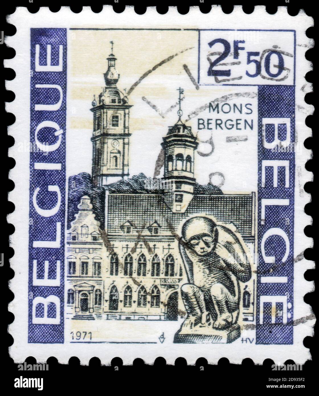 Saint Petersburg, Russia - September 18, 2020: Stamp printed in the Belgium with the image of the City Hall and Belfry, Mons - Bergen, circa 1971 Stock Photo