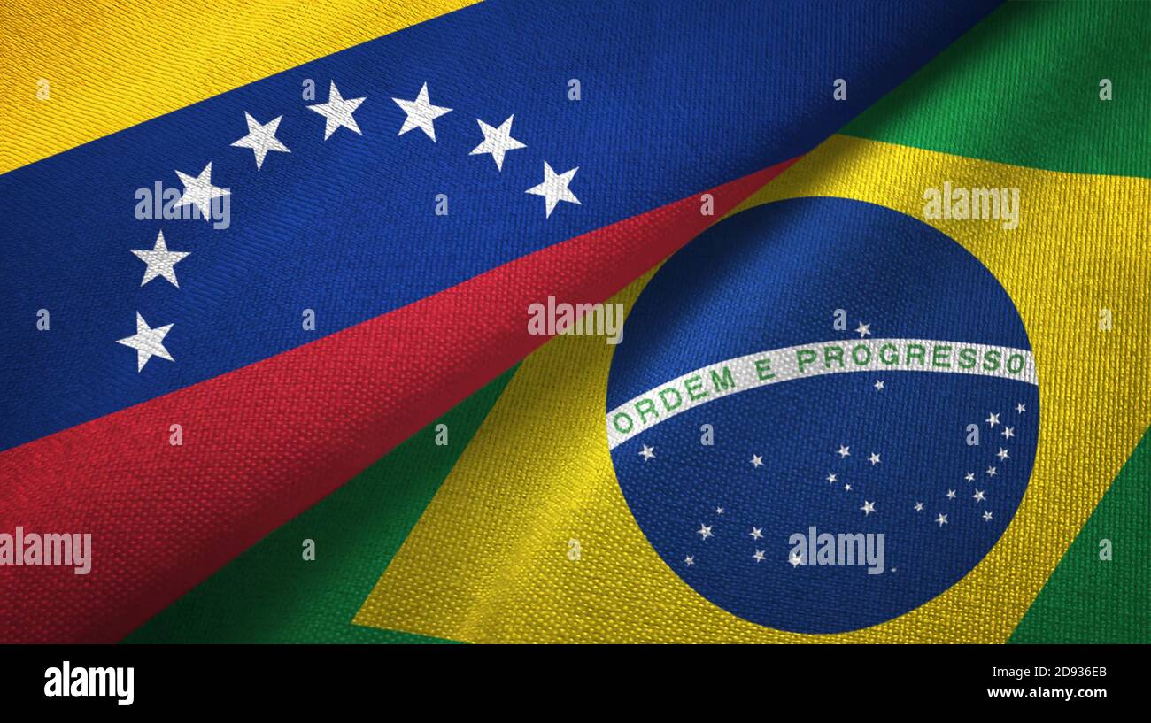Venezuela and Brazil two flags textile cloth, fabric texture Stock Photo