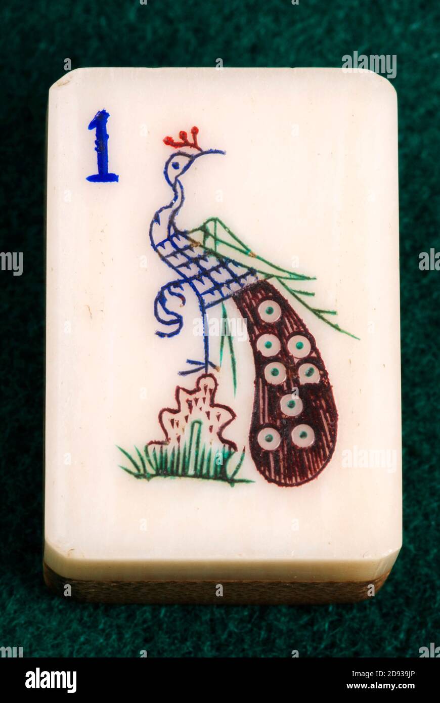 Maj-Jong, Chinese Board Game, Close-up of the 1 Bamboo tile. Stock Photo
