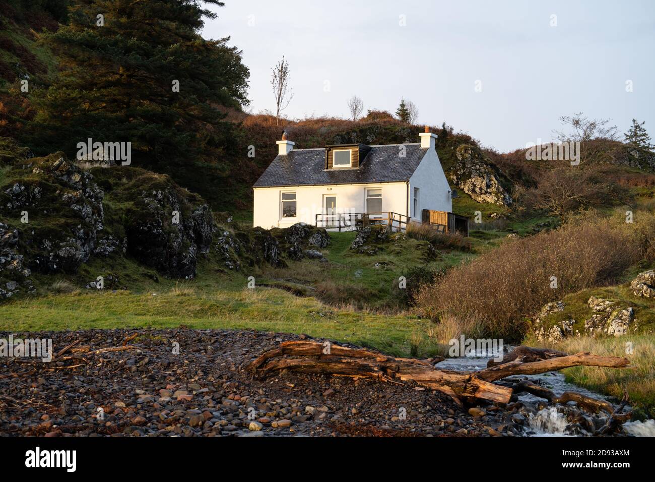 Tigh Beg cottage on Loch Feochan near Oban, Scotland. A crofters cottage used in the films 'Ring of Bright Water' and 'Enigma'. Stock Photo
