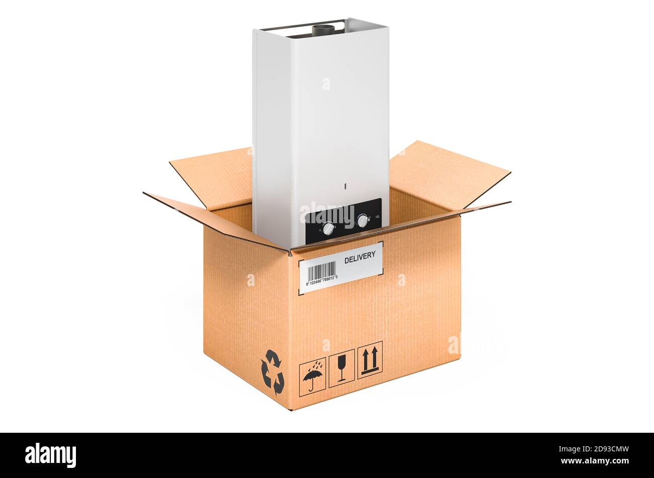 Water heater inside cardboard box, delivery concept. 3D rendering ...