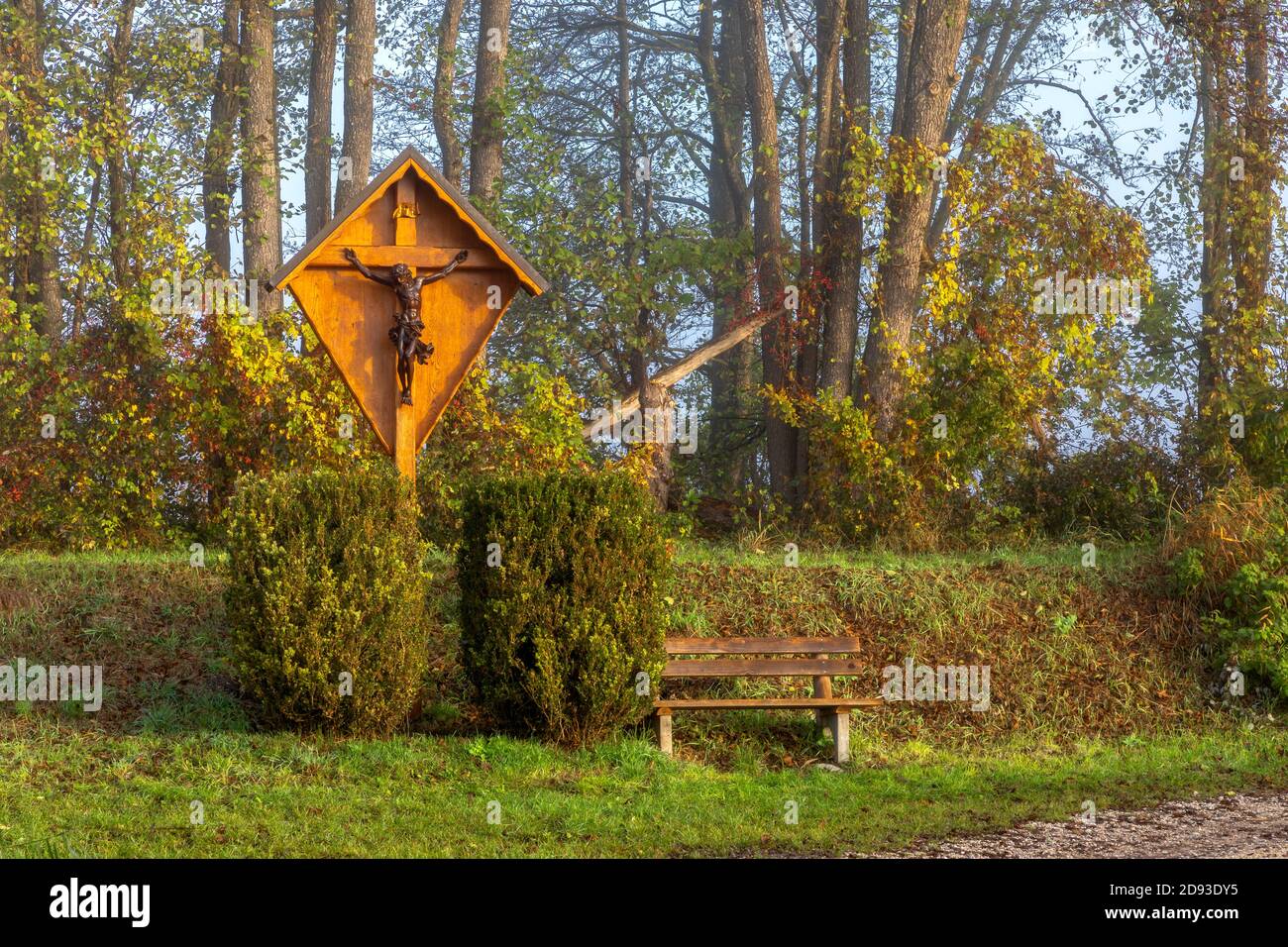 Resting place at Paar river near Schrobenhausen, Bavaria, Germany in autumn Stock Photo