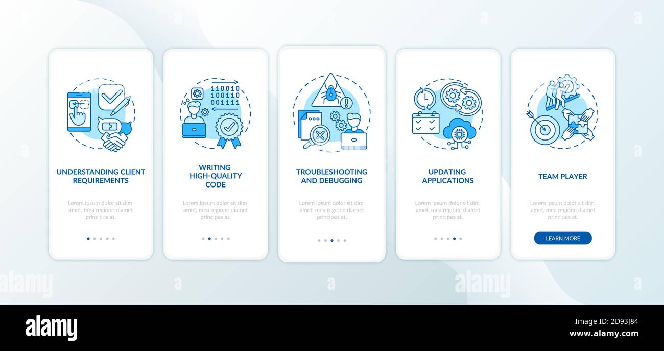 App developer skills onboarding mobile app page screen with concepts Stock Vector
