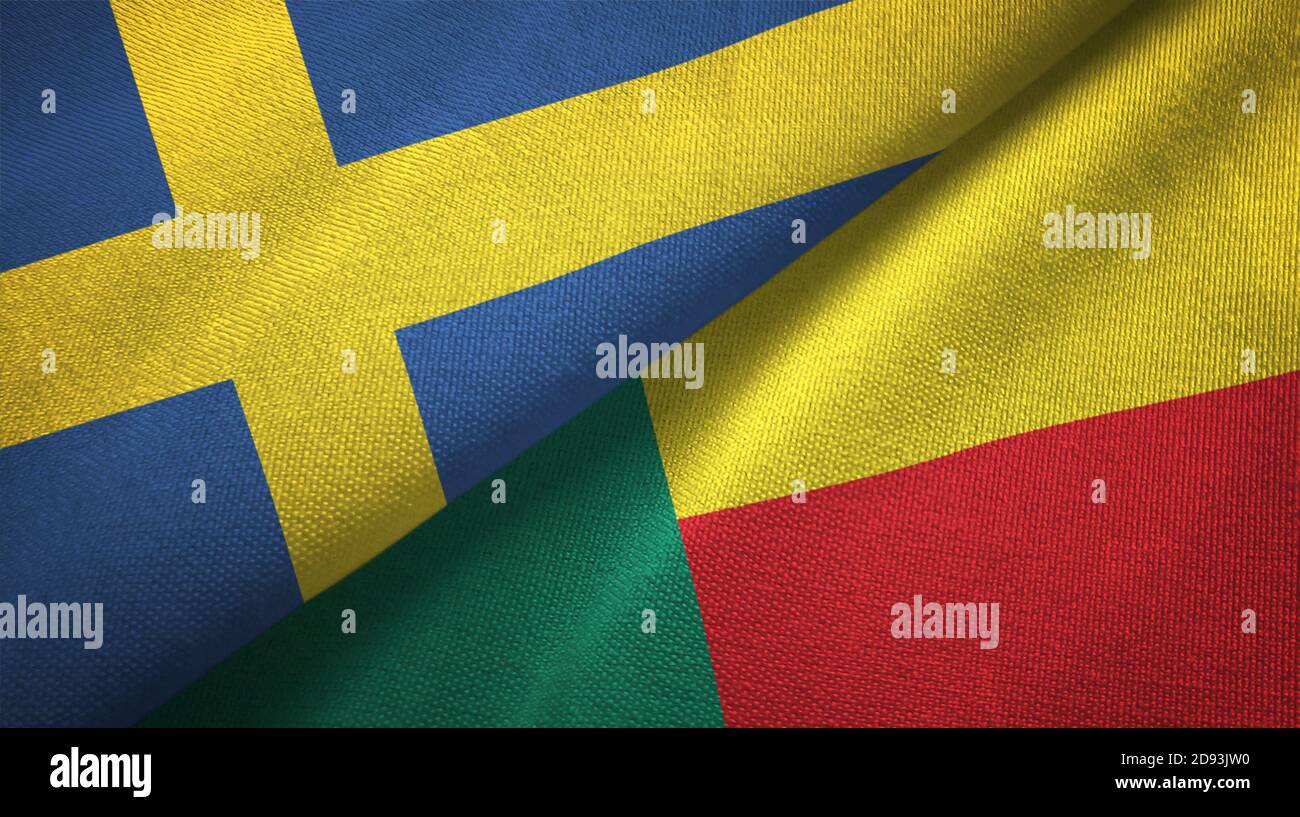 Sweden and Benin two flags textile cloth, fabric texture Stock Photo