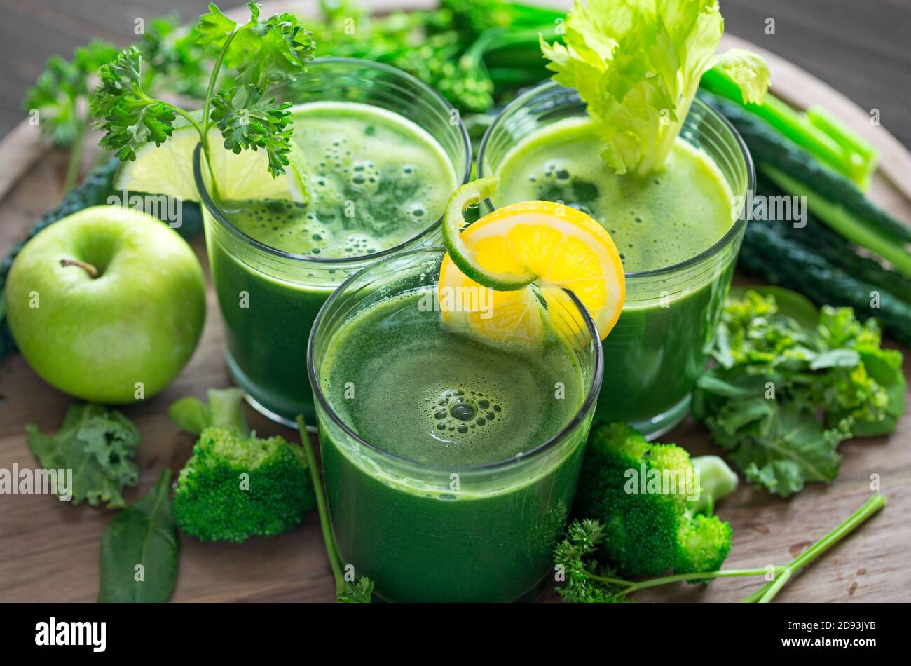 Three glasses of fresh homemade immune boosting green juice Stock Photo