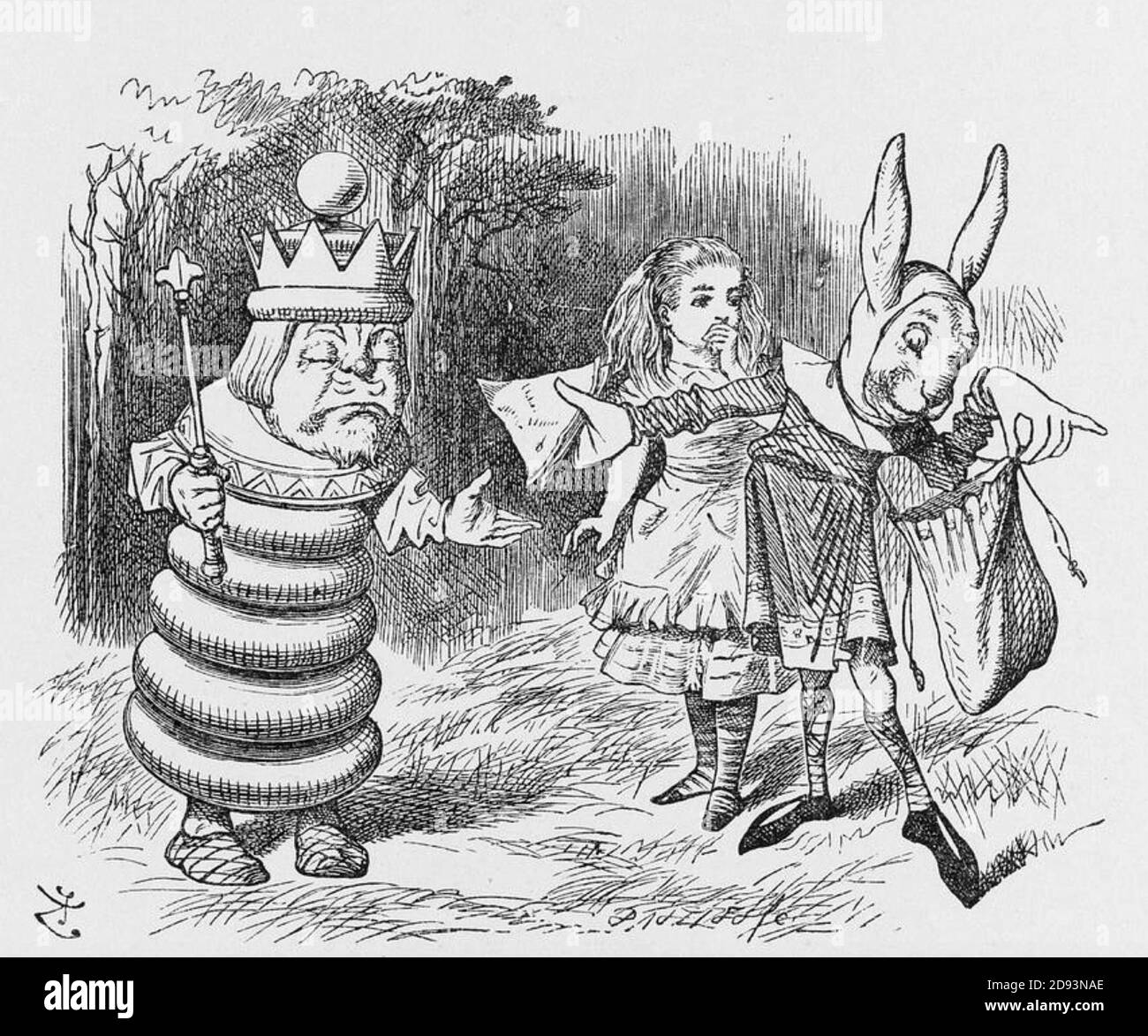 ALICE IN THROUGH THE LOOKING GLASS  with the White King and the Messenger Rabbit by John Tenniel for Lewis Carroll's 1871 story Stock Photo