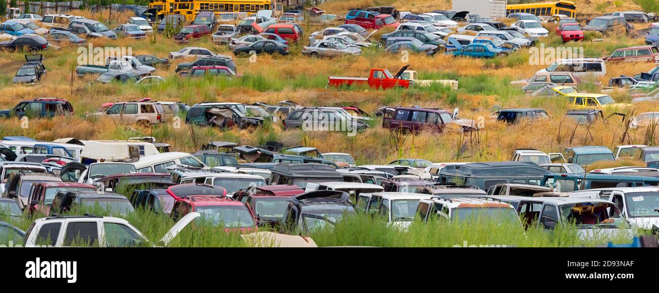 Cars in a junk yard, Omak, Washington State, USA Stock Photo Alamy