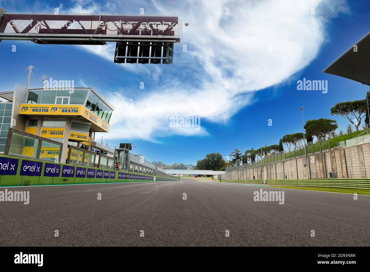 Vallelunga, Italy, 23 october 2020. Motor sport circuit asphalt empty front view low angle view from track center and start light Stock Photo