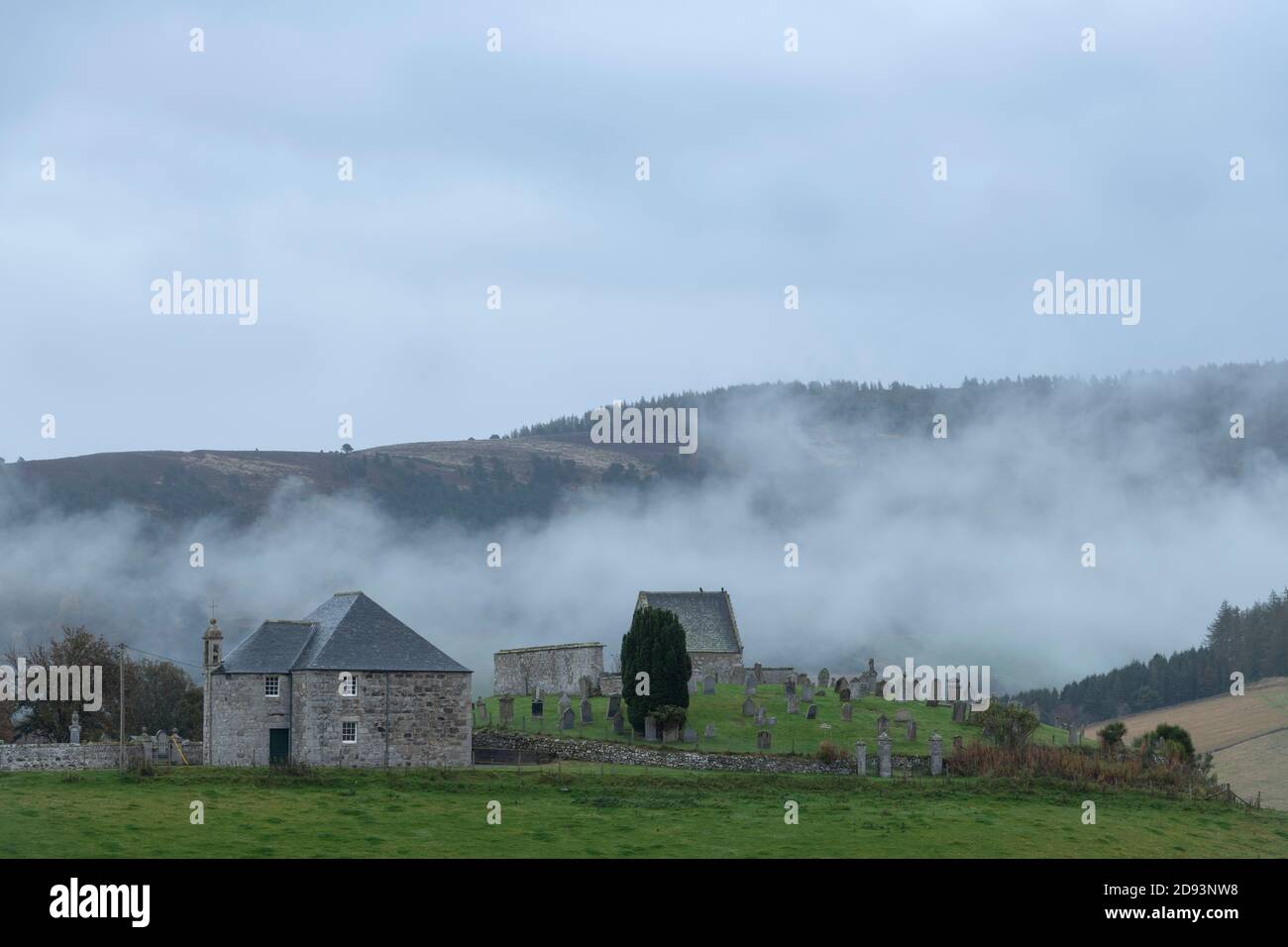 Kildrummy Parish Church & Cemetery With Low Cloud On An Overcast Afternoon Stock Photo