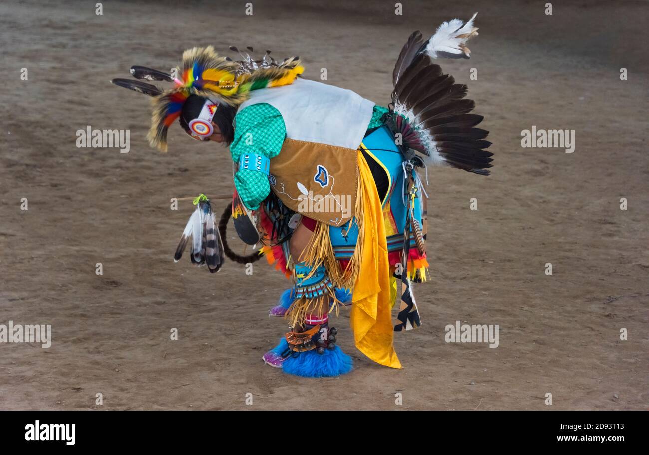 Native American children wearing traditional clothing dancing, Omak, Washington State, USA Stock Photo